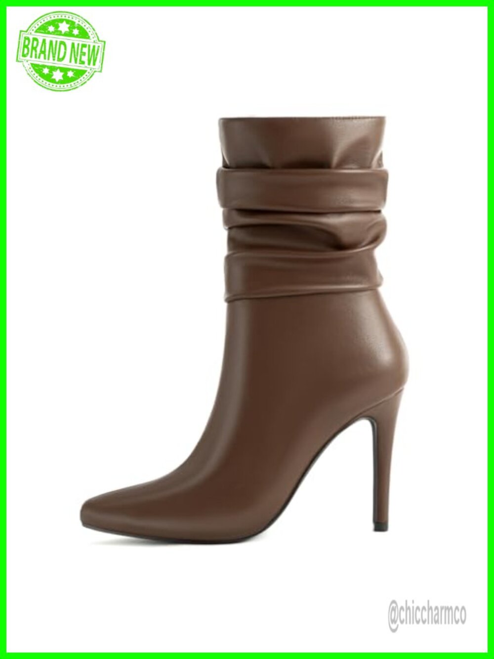 Faux Leather Mid Calf Boots Women Stiletto Heel Slouch Pointed Toe Zip